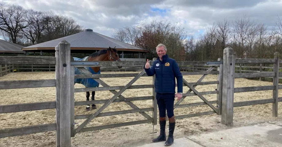 Een paard in een rijbak omheind met een dubbele houten poort aan houten omheiningen met vier spijlen